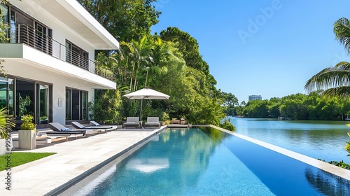 Modern exterior view of a villa with a swimming pull under clear blue sky and large trees in background, story house with luxury design