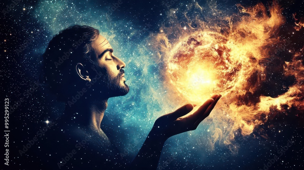 Fourfaced Brahma holding the universe in his hands, surrounded by swirling cosmic energy, Hindu creation