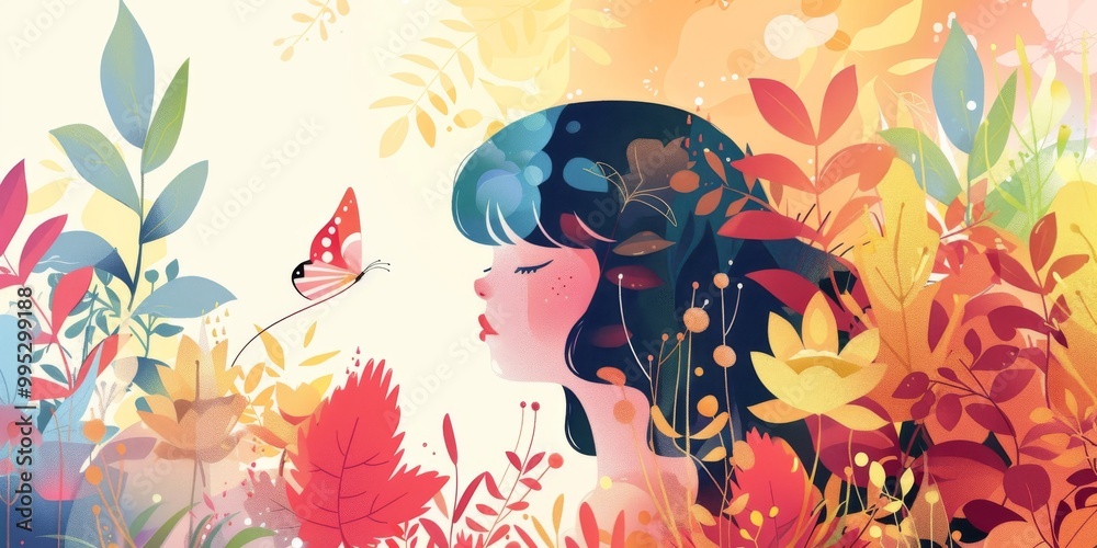 Whimsical Illustration of a Girl with a Butterfly in a Vibrant Floral Garden Whimsical Illustration of a Girl with a Butterfly in a Vibrant Floral Garden