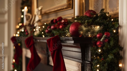 Red stockings are hanging from a fireplace mantle decorated for christmas with garland, string lights, and red ornaments. A decorative angel figure and candle are on the mantle