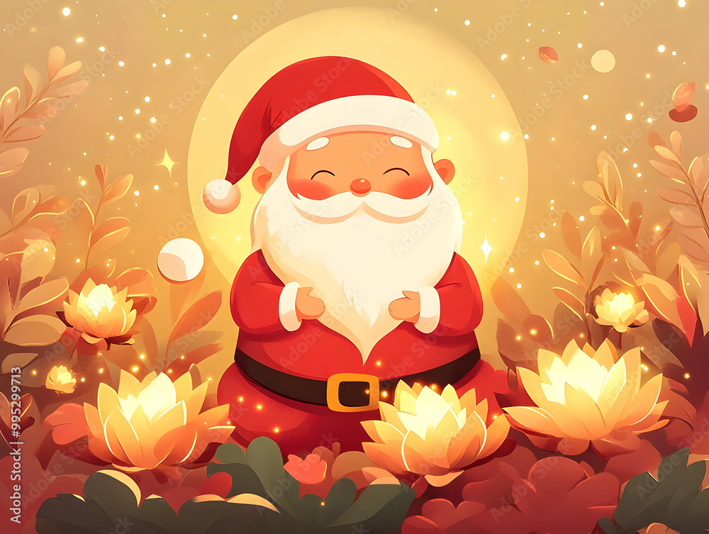 Flat Santa Surrounded by Glowing Krathong Decorations - Simple Vector Illustration with Copy Space for Holiday Greetings on Soft Bokeh Background Flat Santa Surrounded by Glowing Krathong Decorations - Simple Vector Illustration with Copy Space for Holiday Greetings on Soft Bokeh Background