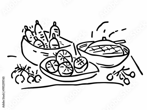 Festive Holiday Cuisine: A Minimalistic One-Line Drawing Depicting Traditional Holiday Fare