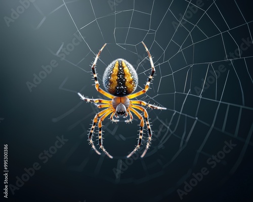 A vivid close-up of a colorful spider perched on its intricate web, showcasing natural beauty and detail in a dark setting. Perfect for nature lovers. photo