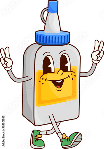 School glue groovy character. Isolated cartoon vector cute and cheerful glue bottle walking happily, flashing peace gesture, embodying playful and creative spirit for kids educational and diy themes
