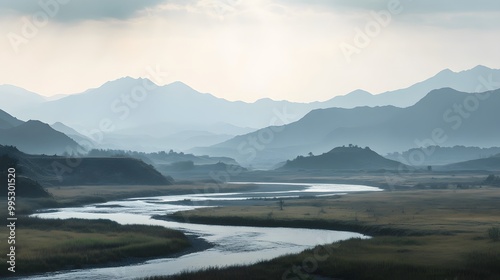 132. A serene landscape with a winding river and mountains in the distance