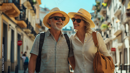 Happy senior couple having fun walking on city street - Two older tourists enjoying together weekend summer vacation - Life style, tourism and romance moments concept