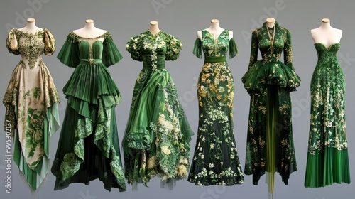 Six Green Floral Dresses on Mannequins photo