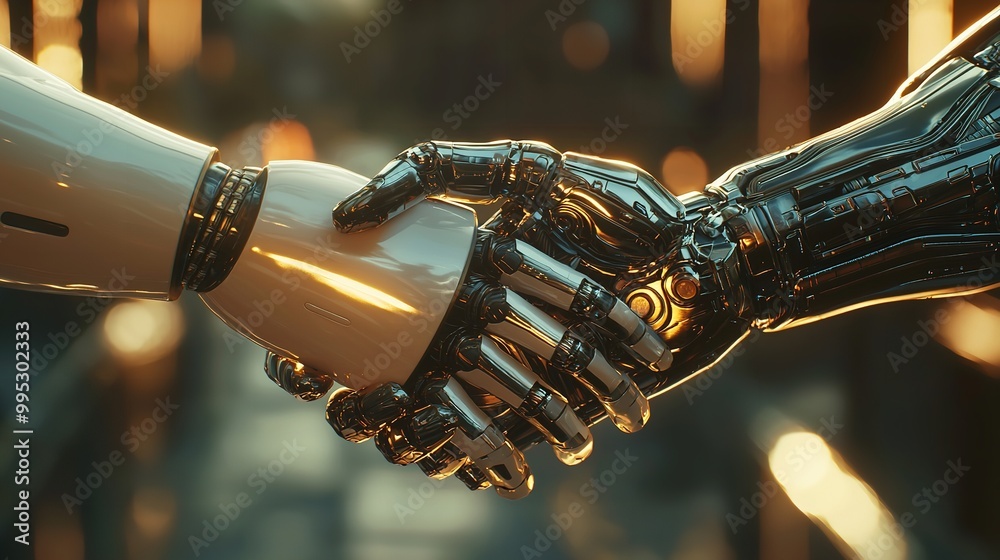 Human Handshake with a Robot in white glass office room Human Handshake with a Robot in white glass office room