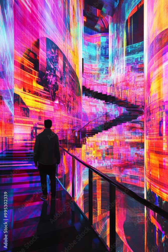 Fototapeta premium A man stands in front of a colorful building with a staircase