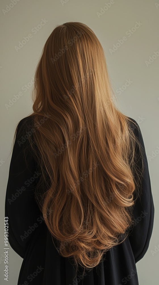 Obraz premium beautiful woman from the back, long waivy hair, in motion, professional photography, high detail, image clarity, minimalism, in style of fashion magazine cover, plain background 