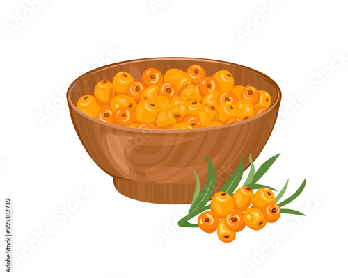 Sea buckthorn in wooden bowl isolated on white. Vector cartoon illustration of healthy food.