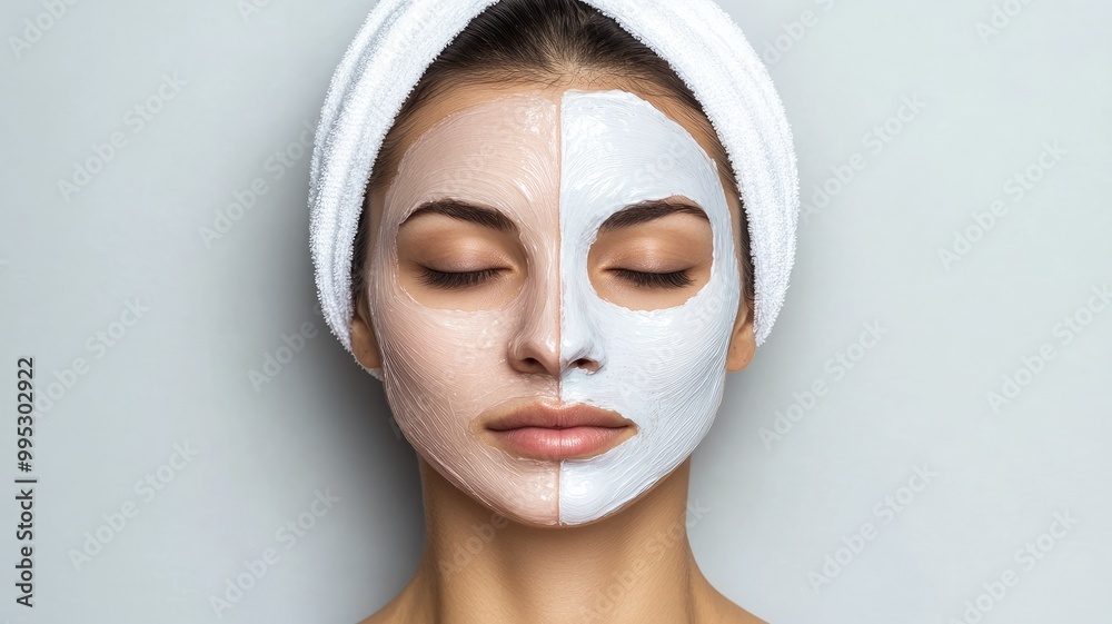 Woman with facial mask, split into two different colors, wearing head towel, eyes closed Woman with facial mask, split into two different colors, wearing head towel, eyes closed