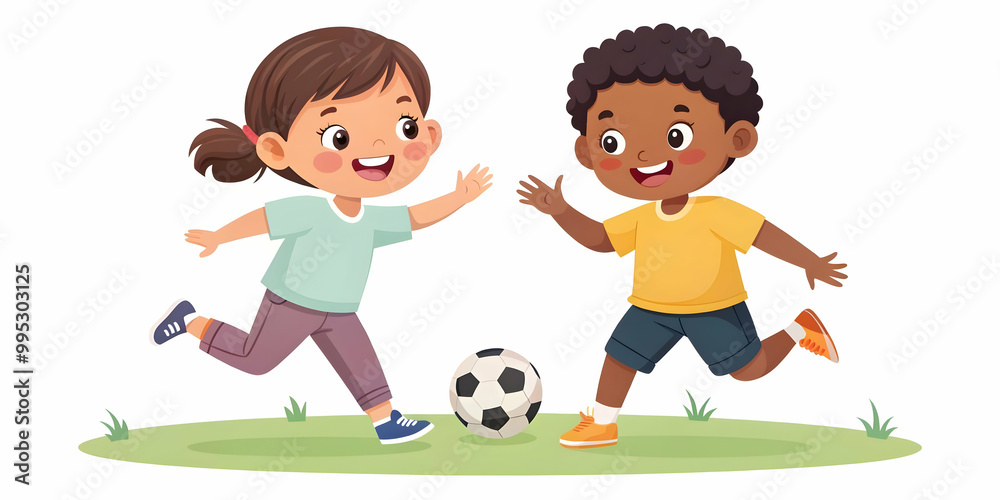 Flat Candid Illustration of Diverse Children Joyfully Playing Soccer in a Park, Celebrating Unity and Equality for Human Rights Day Flat Candid Illustration of Diverse Children Joyfully Playing Soccer in a Park, Celebrating Unity and Equality for Human Rights Day