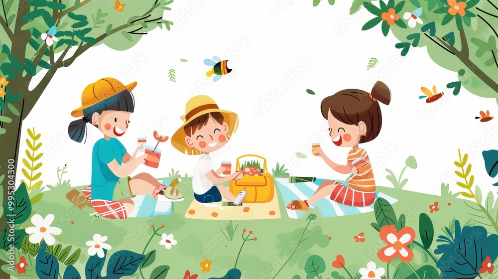 Three children are sitting on a blanket in a park, enjoying a picnic Three children are sitting on a blanket in a park, enjoying a picnic