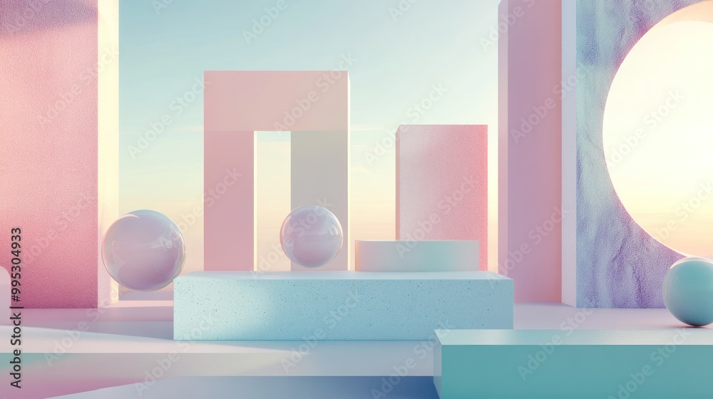 Abstract pastel geometric shapes with spheres in a serene environment.