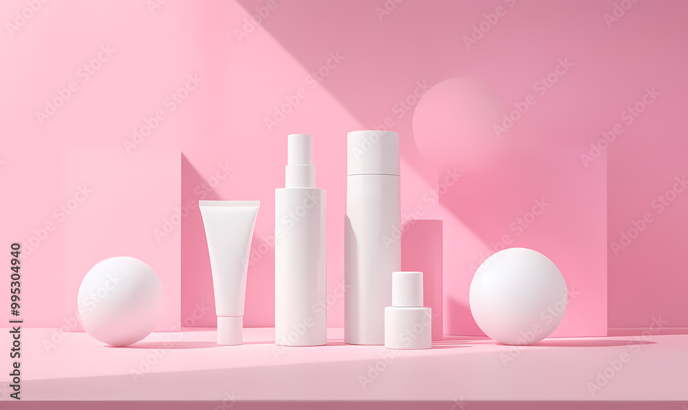 Elegant 3D Rendering of Skincare Products on Pink Background Elegant 3D Rendering of Skincare Products on Pink Background