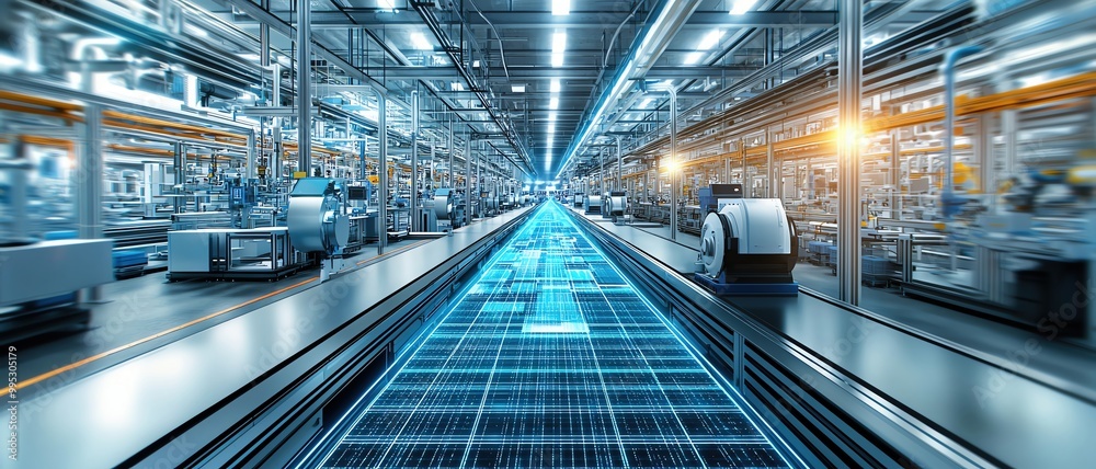 Fototapeta premium Flowing assembly lines blending into digital grids, representing the shift from manual to automated industry processes