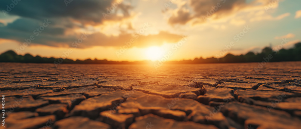 Naklejka premium Sunset Over Dry Cracked Earth Landscape