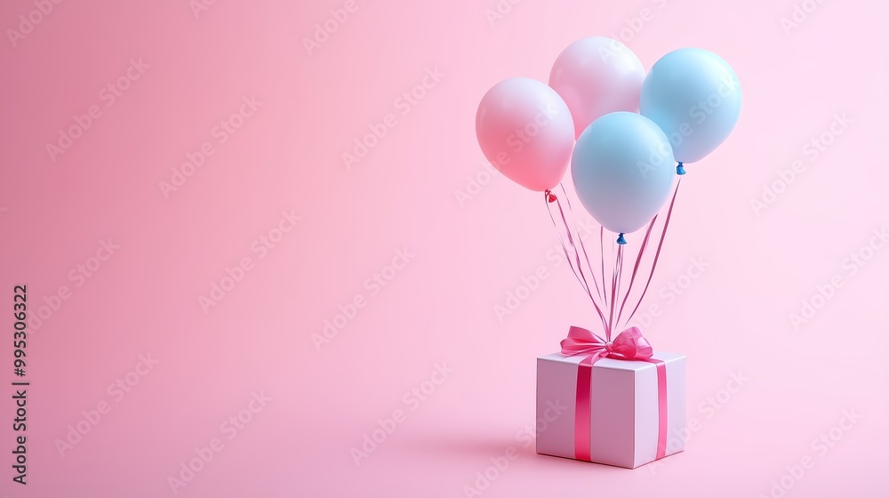 A beautifully wrapped gift box with pastel balloons floating above against a soft pink backdrop