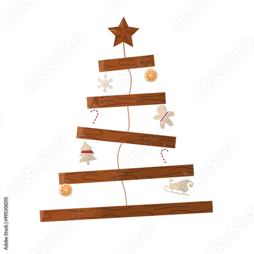 Rustic Wooden Christmas Tree with Minimal Ornaments. minimalist Christmas tree made of wooden planks. simple holiday ornaments. perfect for eco-friendly seasonal décor