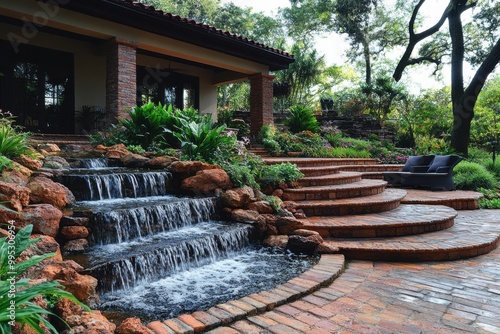 A captivating view of a landscaped terrace garden, showcasing different levels of plants and a water feature for tranquility 