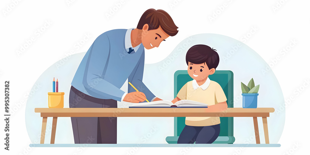 Flat Candid Photo of Teacher Helping Student with Homework - Symbolizing Education Rights and Equal Opportunities in a Classroom Setting for Human Rights Day Flat Candid Photo of Teacher Helping Student with Homework - Symbolizing Education Rights and Equal Opportunities in a Classroom Setting for Human Rights Day