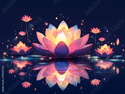 Flat Holographic Loy Krathong Illustration: Capture Glowing Lanterns Floating on Water with Sparkling Details & Copy Space for Visual Impact