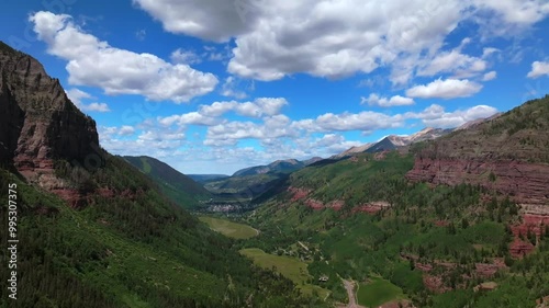 Downtown Telluride Colorado summer Box Canyon Black Bear Pass Road Bridal Veil Falls aerial drone Ouray Ridgway Yankee Boy Basin 4wd hiking bluesky cliffside valley Aspen Forest ponds upward pan down photo