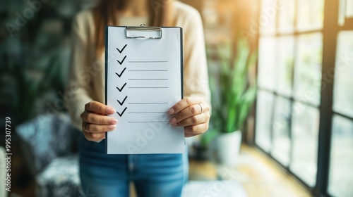 a person holding a checklist with checkmarks, symbolizing reliability and thoroughness. photo