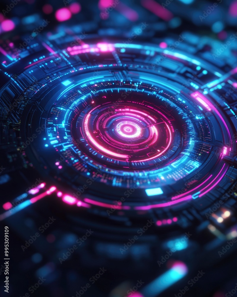 Futuristic dark technology background featuring a neon glow with a cybernetic circular laser design on an abstract surface Futuristic dark technology background featuring a neon glow with a cybernetic circular laser design on an abstract surface