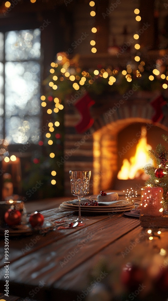 Fototapeta premium Warm and Merry Christmas Scene Featuring a Wooden Table, Blurry Fireplace, and Holiday Lights for Seasonal Home Decor photorealistic, realistic, cinematic