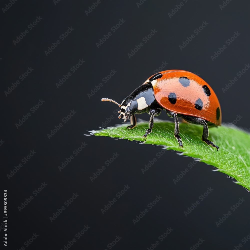 Fototapeta premium This close-up image captures a ladybug perched gracefully on a green leaf, showcasing its vivid red and black colors. Perfect for nature-themed projects.