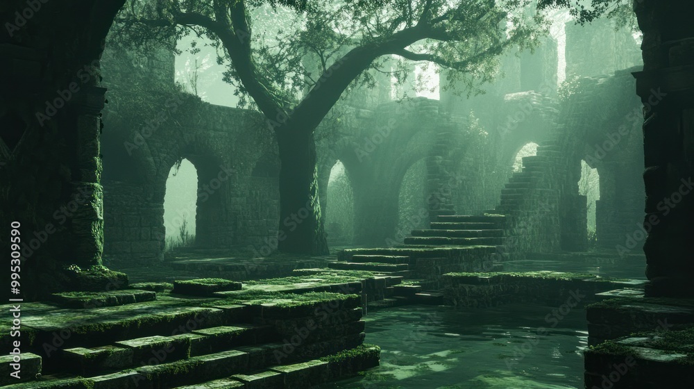 Moss-Covered Ruins with Steps Leading to a Pool of Water Moss-Covered Ruins with Steps Leading to a Pool of Water