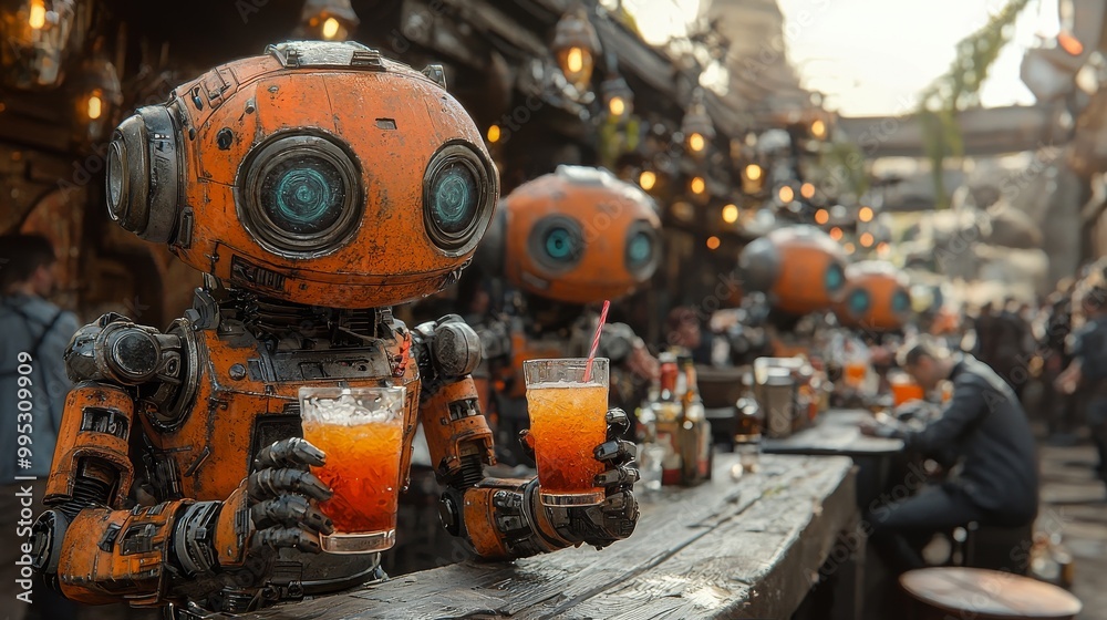 inside a tavern filled with robots holding cocktails in their hands and looking drunk inside a tavern filled with robots holding cocktails in their hands and looking drunk