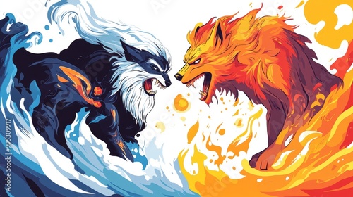 Epic clash between the Norse god Odin and the wolf Fenrir A vibrant 2D cartoon illustration depicting elements of Norse mythology presented against a white background photo