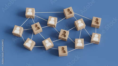 Building Team Concept with Wooden blocks connected together on a blue background. Hiring concept