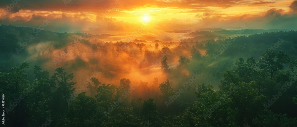 Obraz premium Sunrise Over Misty Forest Landscape