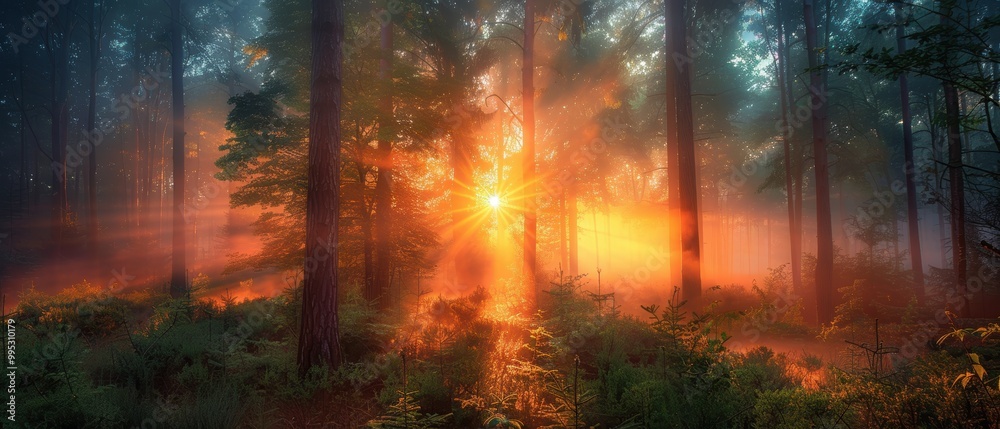 Enchanted Sunrise in a Misty Forest Landscape Enchanted Sunrise in a Misty Forest Landscape