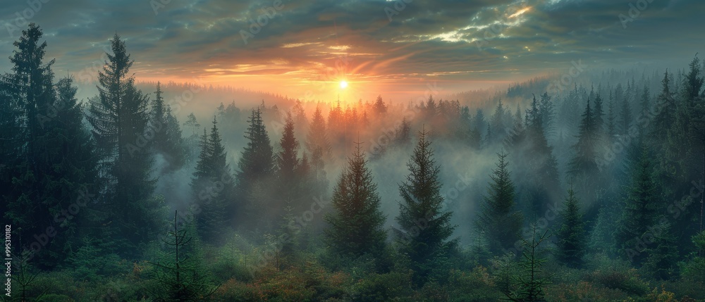 Misty Forest at Dawn with Sunrise and Atmospheric Clouds