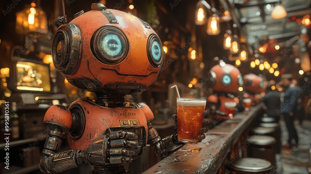 Fototapeta premium inside a tavern filled with robots holding cocktails in their hands and looking drunk