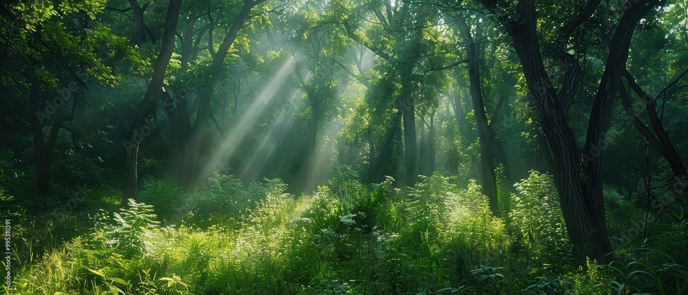 Obraz premium Sunlight Rays in Lush Green Forest Scene