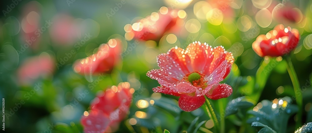 Vibrant Tulips with Dewdrops in Soft Morning Light Vibrant Tulips with Dewdrops in Soft Morning Light