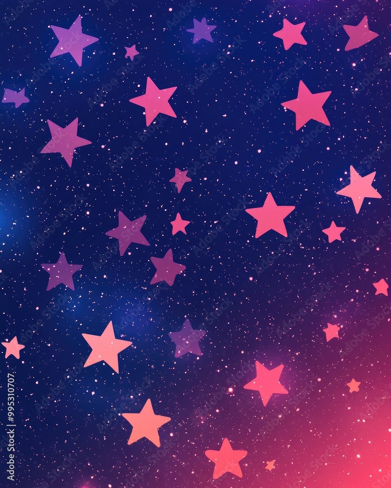 Fototapeta premium Dark pink and blue 2D cartoon background featuring varying sizes of stars A decorative illustration ideal for abstract themes on mobile devices