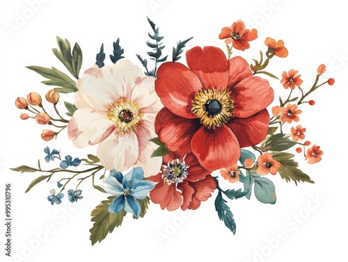 Fantasy floral arrangement in retro vintage and Jacobean bouquet style beautifully illustrated with watercolor and gouache on a clean white background