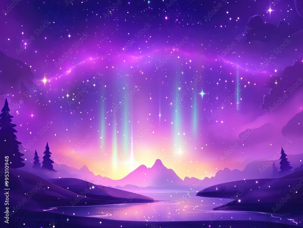 Dreamy purple night sky adorned with stars and sparkling lights Enchanting aurora inspired backdrop 2D cartoon style galaxy wallpaper featuring a magical sunset Dreamy purple night sky adorned with stars and sparkling lights Enchanting aurora inspired backdrop 2D cartoon style galaxy wallpaper featuring a magical sunset