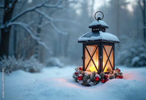 Lantern is covered in snow and decorated with festive decorations in a winter wonderland