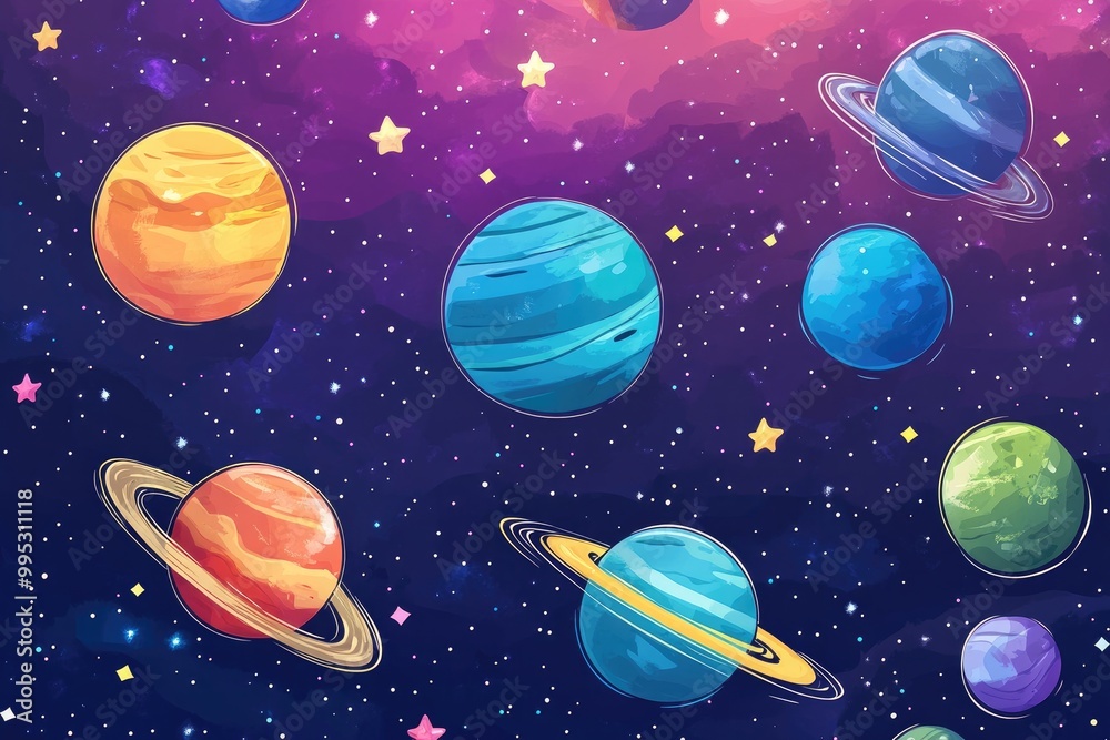 Large planets set against a cosmic backdrop filled with small stars 2D cartoon style flat illustration Large planets set against a cosmic backdrop filled with small stars 2D cartoon style flat illustration