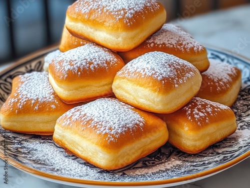 A stack of pillowy, powdered sugar-coated pastries arranged on a decorative plate, creating an inviting and sweet dessert display.