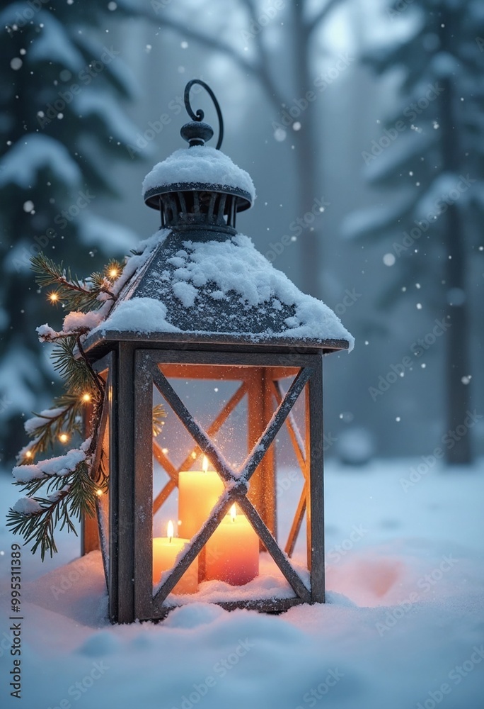 Lantern is covered in snow and decorated with festive decorations in a winter wonderland