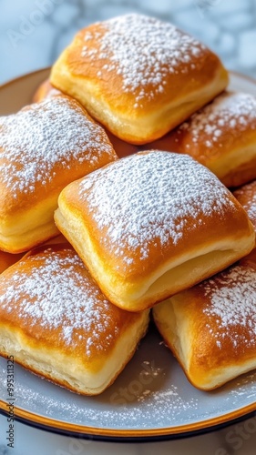 Fluffy, powdered sugar-dusted pastries stacked neatly on a plate, showcasing a delicious golden-brown crust.